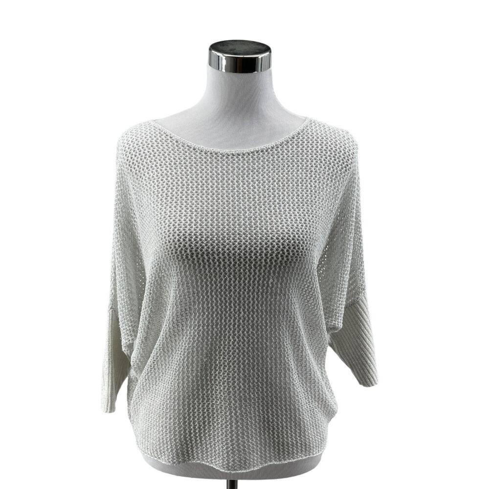 Dressbarn Crochet Sweater Womens M White Open Knit Metallic Thread Dolman Sleeve